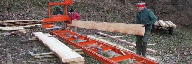 Bretter aufstellen zum Besäumen auf die Schmalbandsäge Wood-Mizer LT15.